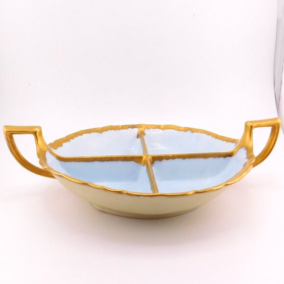 Bavaria Light Blue Divided Handled Gold Trim Candy Relish Dish Bowl Vintage - Picture 1 of 13